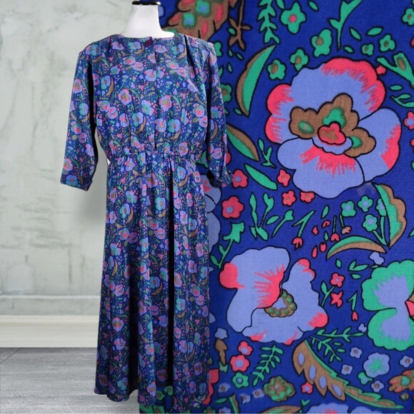 Vintage Floral Print Midi Secretary Dress Size 14 Purple Shirtwaist - Picture 1 of 16